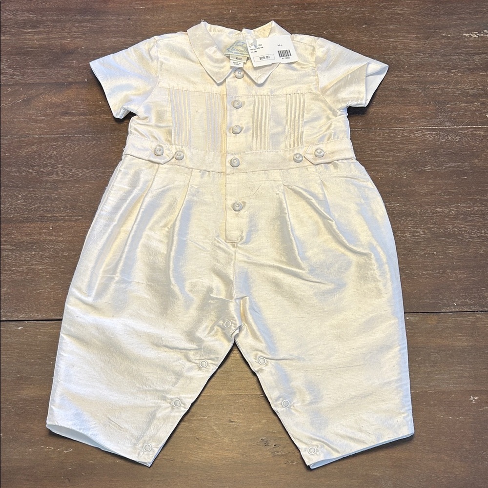 New with Tags Baby Biscolli Ecru Silk Christening/Baptism One-Piece Romper